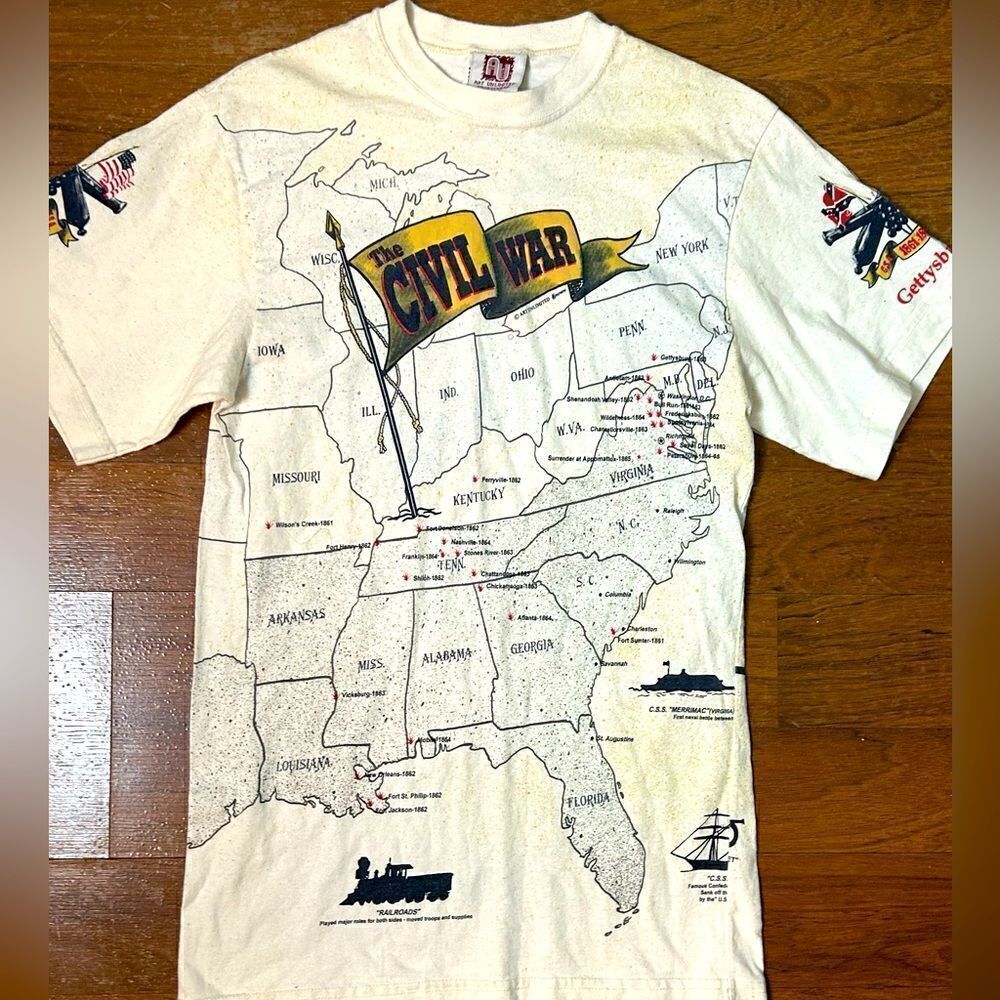 Vintage Civil War Art Unlimited all over print map t-shirt graphic tee size S